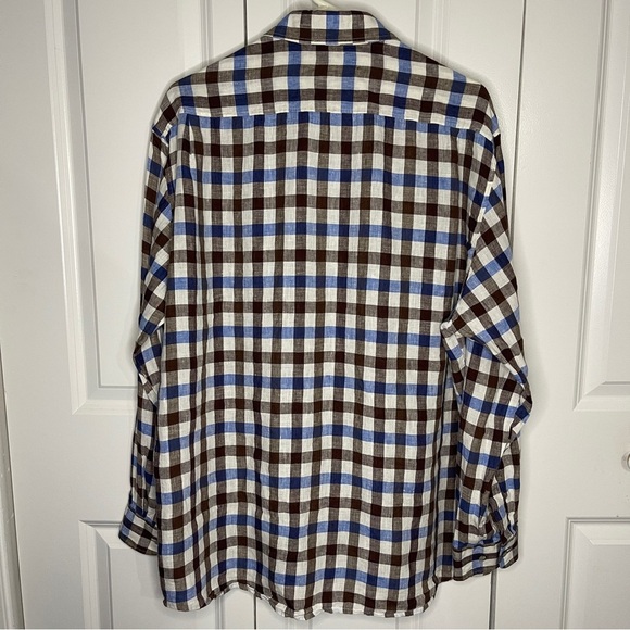 Haupt Linen Blue Brown Checked Button Up Size XL 17 1/2 Long Sleeve Mens Germany - Picture 6 of 9